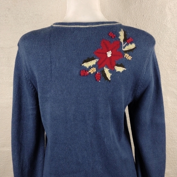Christopher & Banks Hand Embroidered Poinsettia Blue Button Up Cardigan Sweater - Picture 9 of 13
